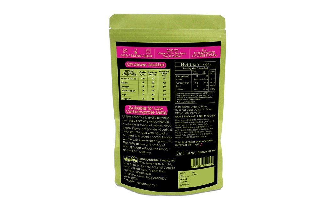 Dalive Organic Pure Sweetner Blend   Pack  200 grams